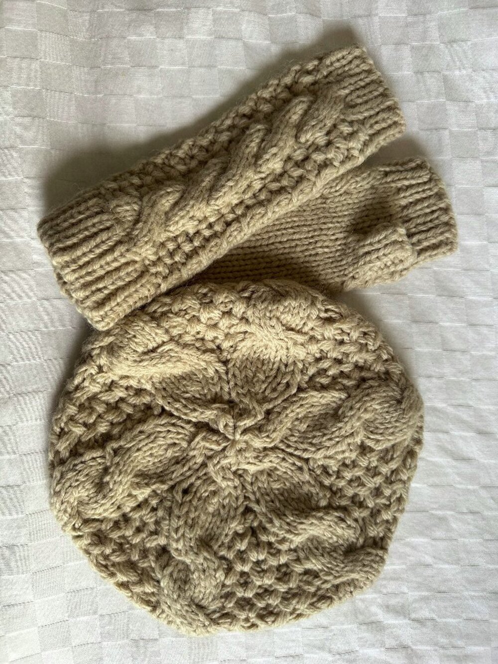 knit beret and fingerless long mittens